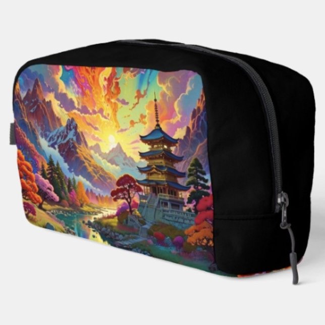 Pagode und farbenfrohe Landschaft Waschbeutel (Vibrant Pagoda  Fantasy Landscape toiletry bag with sturdy polyester fabric  zippered closure. )