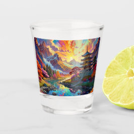 Pagode und farbiges Landschaftsschutzglas Schnapsglas