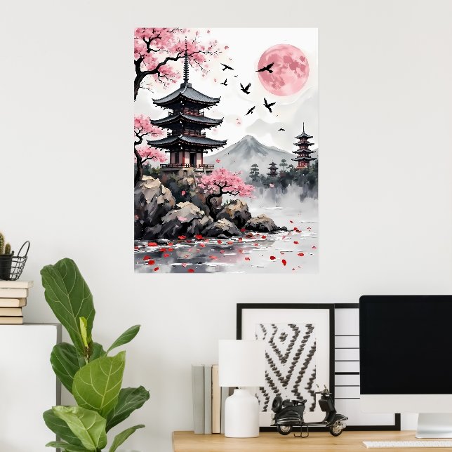 Pagode Unter dem rosa Mond Poster (Heimbüro)