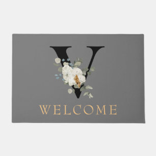 Paillasson ACCUEIL Blanc Floral Or Accents Monogramme V