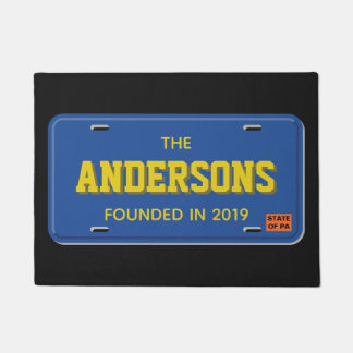 Paillasson Accueil bleu et blanc personnalisé de plaque