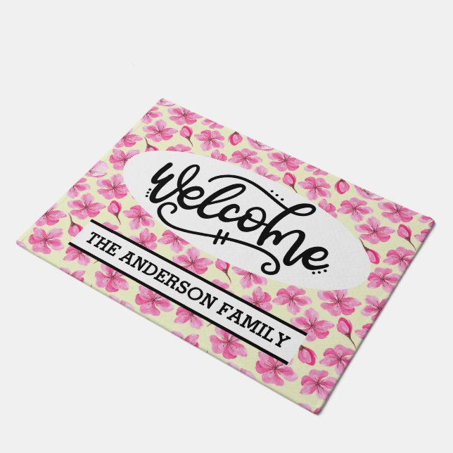 Paillasson Accueil floral Fleur de cerise rose personnalisée (Incliné)