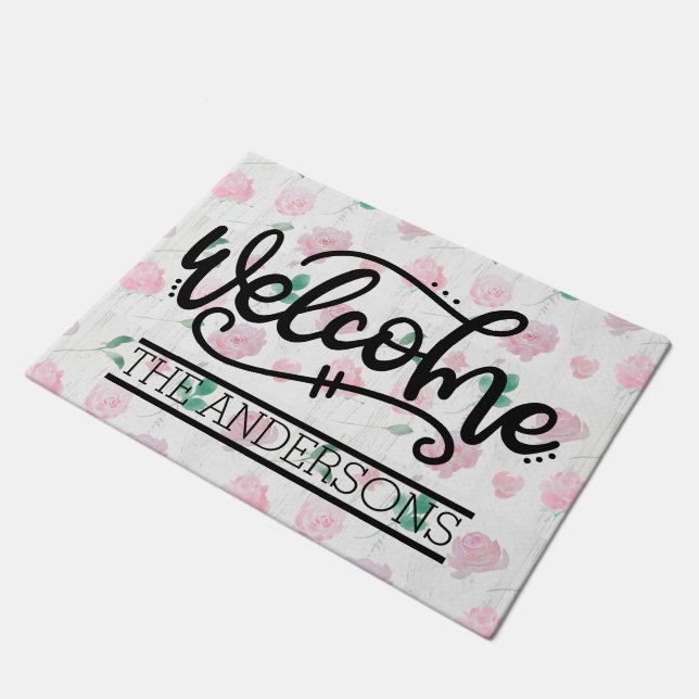 Paillasson Accueil floral rose personnalisé (Incliné)