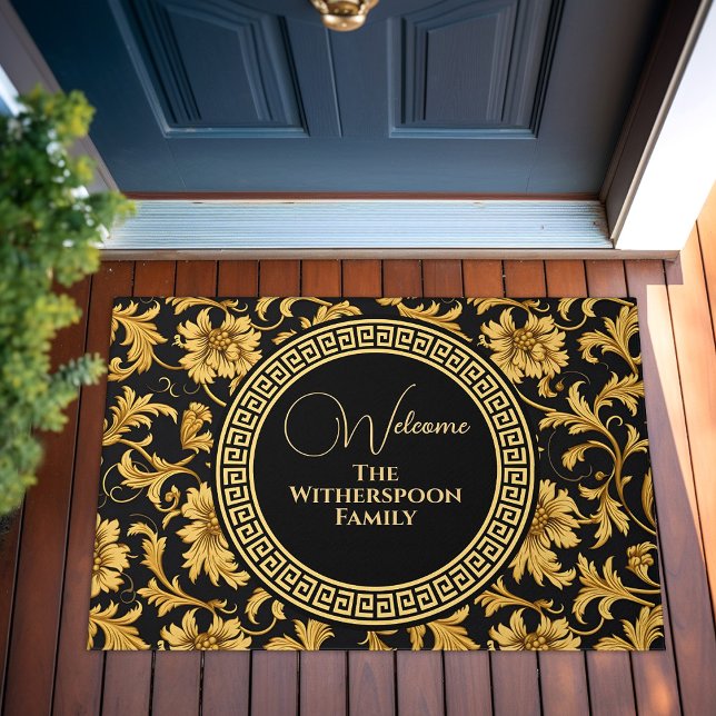 Paillasson Accueil Nom de famille Black Gold Classy Élégant (Welcome Home Family Name Black Gold Classy Elegant Doormat)