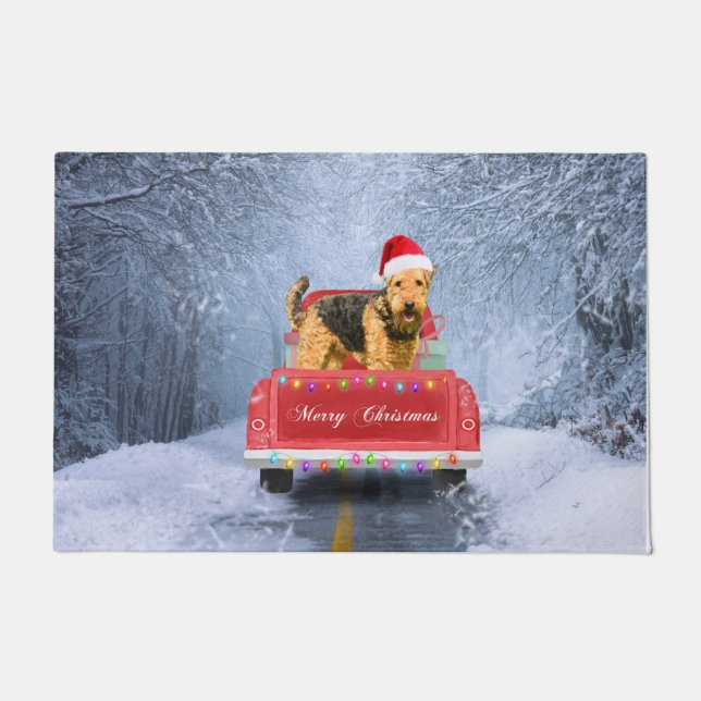 Paillasson Airedale Terrier Chien en Neige assis à Noël (Devant)