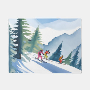Paillasson Allons Ski Peinture Aquarelle d'Hiver