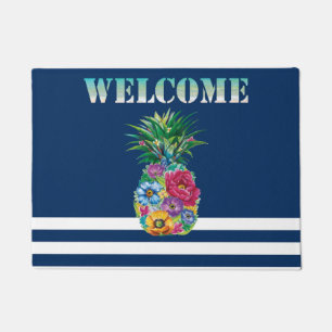 Paillasson Ananas floral Nautique Marine Bleu rayé