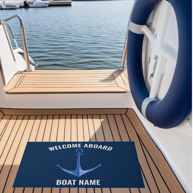 Paillasson Ancre Blue Rustic Nom du bateau (Custom Boat Name Nautical Doormat with watercolor blue anchor)