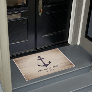 Paillasson Ancre marine Bois gris rustique Nom personnalisé