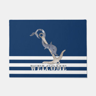 Paillasson Ancre Naútíque Dauphin Rayures Bleu Marine Bienven