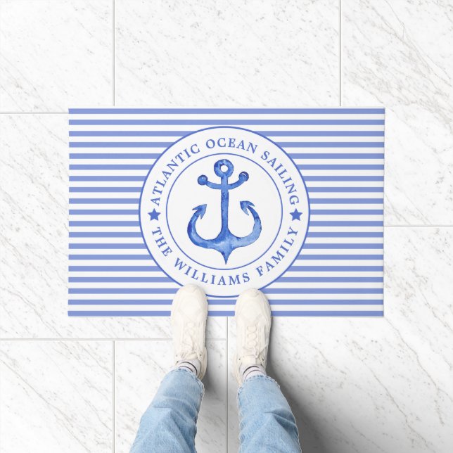 Paillasson Ancre nautique Marine Bleu rayé Personnalisé (Intérieur)