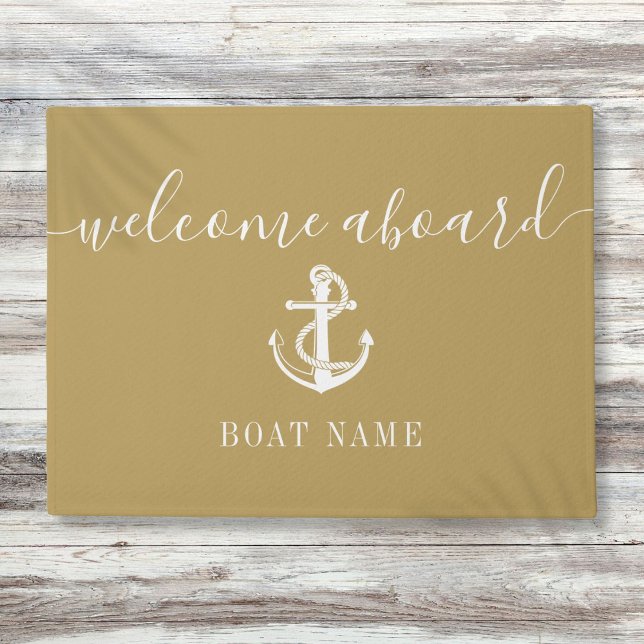 Paillasson Ancre nautique Nom du bateau Gold Welcome Aboard (Nautical Anchor Boat Name Gold Welcome Aboard Doormat)
