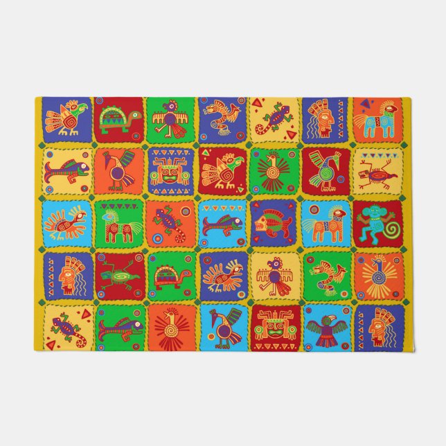 Paillasson Animaux mexicains aztèques colorés (Devant)