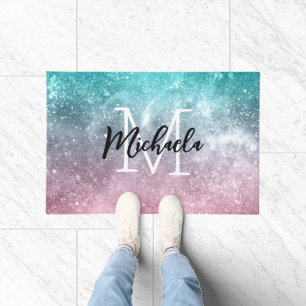 Paillasson Aqua blue Pink ombre mer galaxie abstraite Monogra