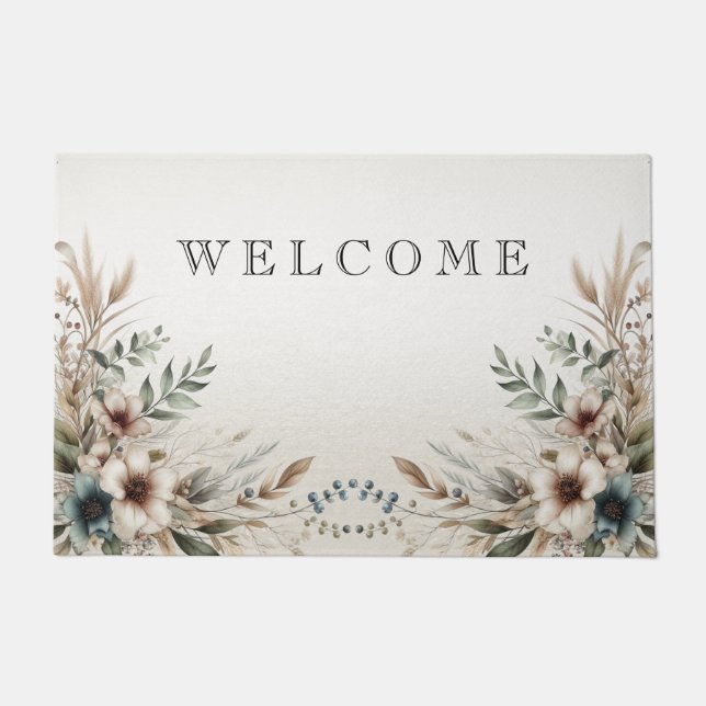 Paillasson Aquarelle bleu ivoire Fleurs mat (Devant)