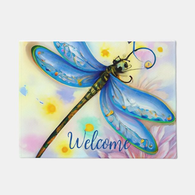 Paillasson Aquarelle Bleue Dragonfly, Personnaliser le mat de (Devant)