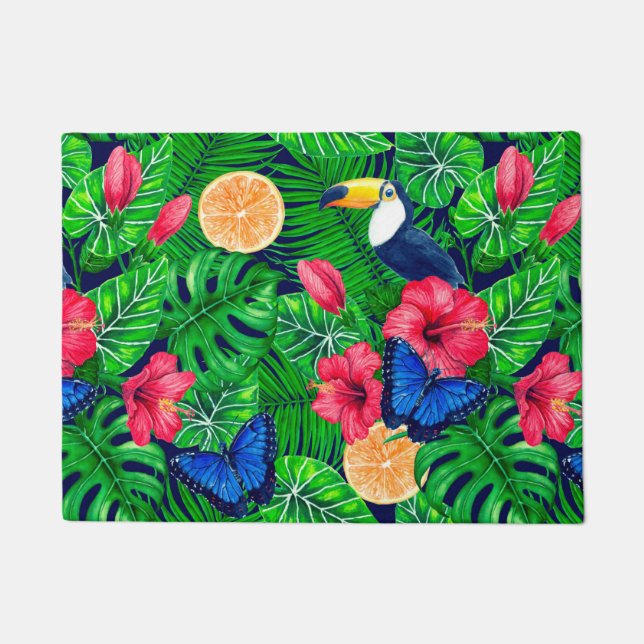 Paillasson Aquarelle de jardin toucan et tropical (Devant)