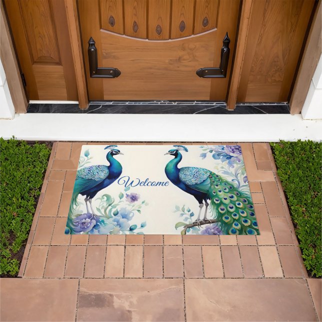 Paillasson Aquarelle fleurie Peacock Bienvenue (De plein air)