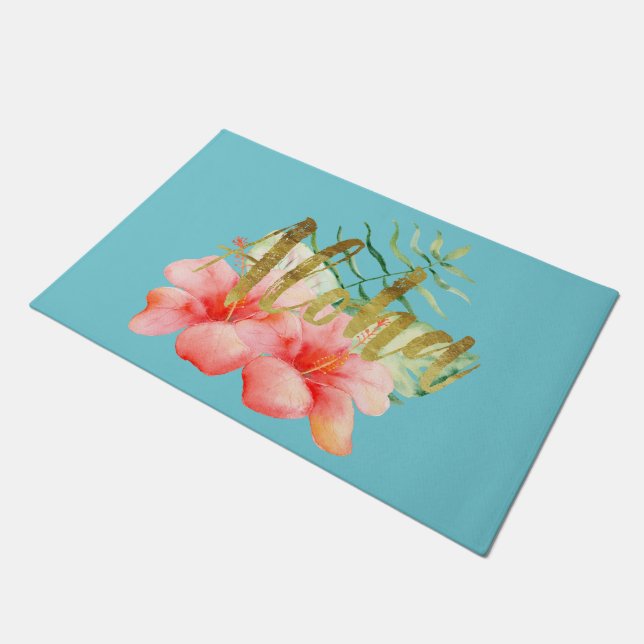 Paillasson Aquarelle florale de ketmie tropicale de feuille (Incliné)