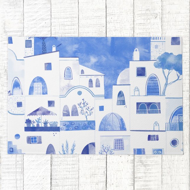 Paillasson Aquarelle moderne Santorin Grèce île (Santorini Greece blue and white watercolor art doormat)