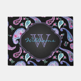 Paillasson Aquarelle Paisley noir Lavande Monogramme