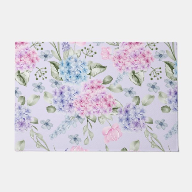 Paillasson Aquarelle Pastel Couleur Mixte Fleurs d'Hydrangée (Devant)