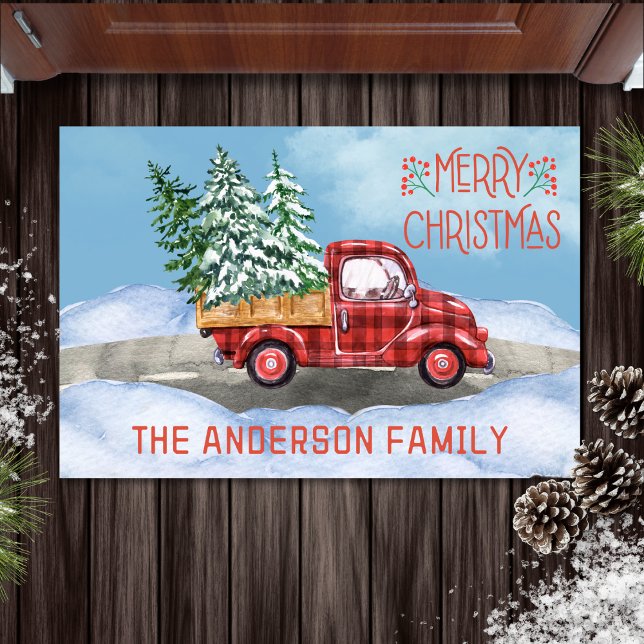 Paillasson Aquarelle Plaid Red Truck Snow Famille Noël (watercolor merry Christmas doormat with buffalo plaid red truck carrying Christmas trees)