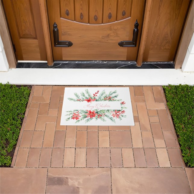 Paillasson Aquarelle poinsettia et verdure Noël (De plein air)
