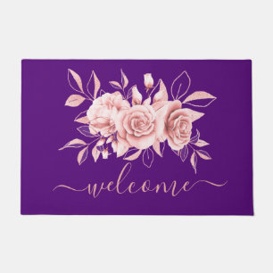 Paillasson Aquarelle Rose dorée violet florale "Bienvenue"