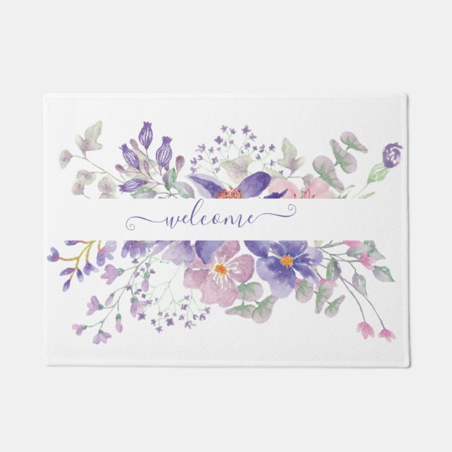 Paillasson Aquarelle rose et violet florale personnalisée (Devant)