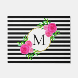 Paillasson Aquarelle rose Floral Monogramme noir blanc rayure