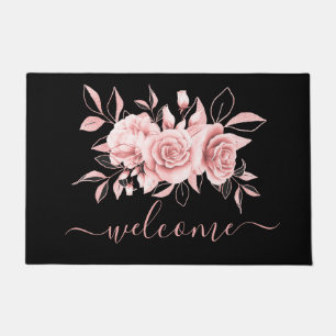 Paillasson Aquarelle rose or noir floral "Bienvenue"