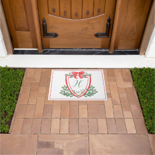 Paillasson Aquarelle Rouge Bois de Noël Monogramme Crest