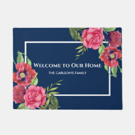 Paillasson Aquarelle Rouge et rose Fleurs bleu foncé Marine