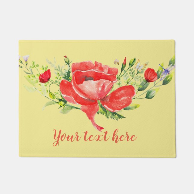 Paillasson Aquarelle Rouge Poppies Personnalisé (Devant)