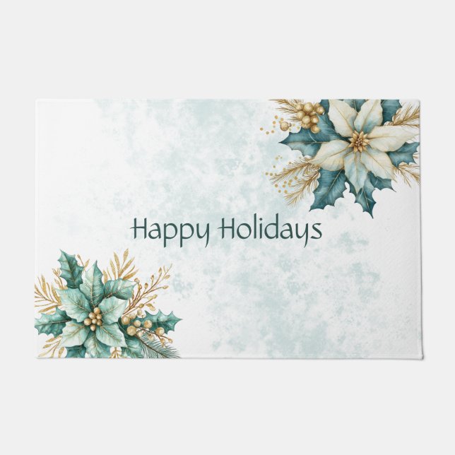 Paillasson Aquarelle Turquoise Floral Noël (Devant)