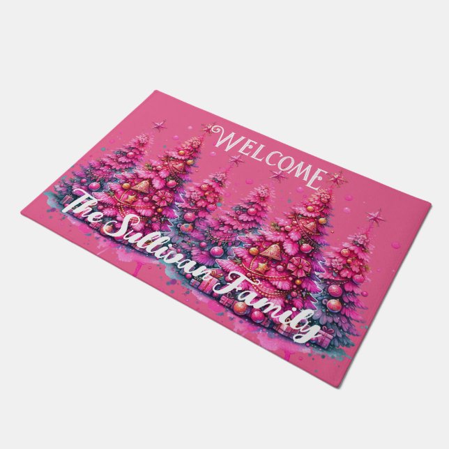 Paillasson Arbre de Noël rose tendance Preppy esthétique (Incliné)