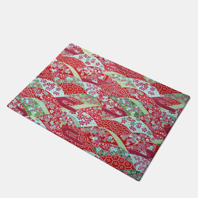 Paillasson Art japonais Rouge Floral Origami Yuzen Porte Mat (Incliné)