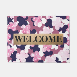 Paillasson Artsy rose marine bleu aquarelle Floral Monogramme