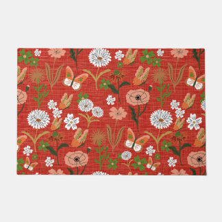 Paillasson Bambou brut Shamrocks floraux papillons en rouge