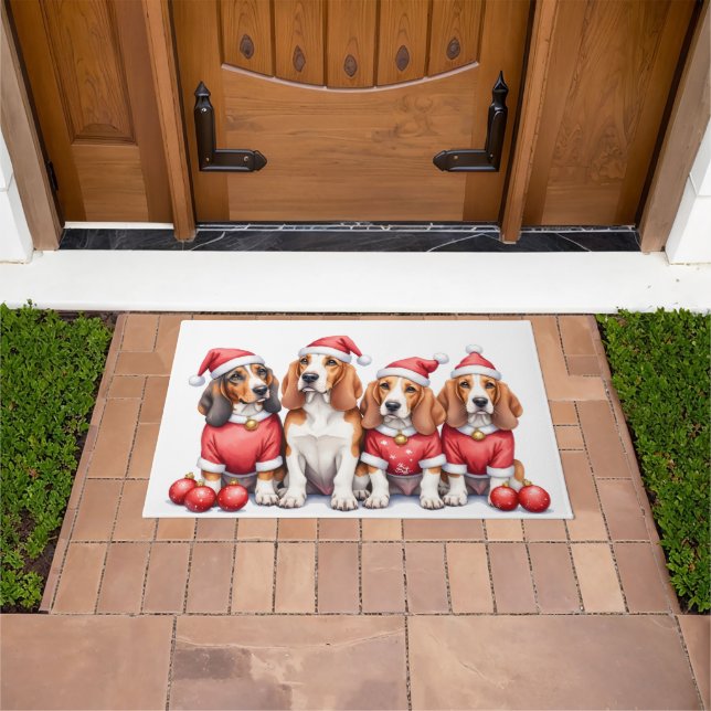 Paillasson Basset Hound Christmas Dress Santa Hat (De plein air)