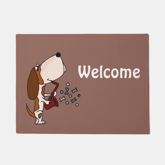 Paillasson Basset Hound drôle jouant la natte de saxophone (Devant)