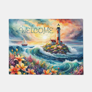 Paillasson Bateau à voile phare Floral Beauté Aquarelle
