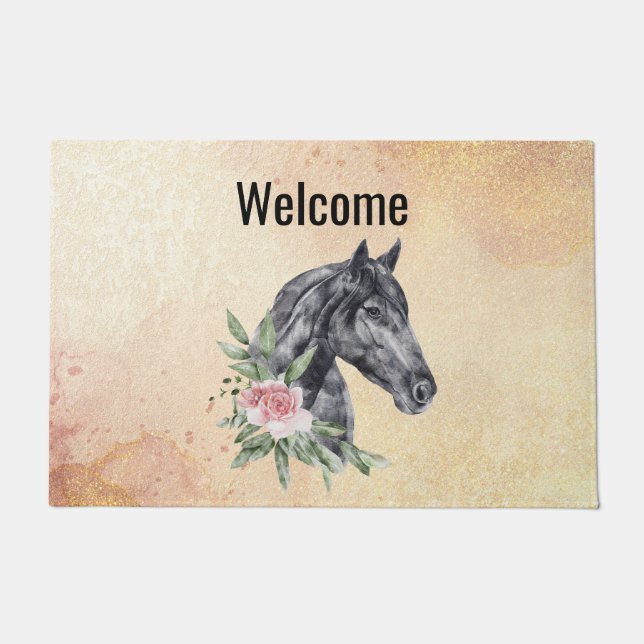 Paillasson Beautiful Horse Head Portrait Aquarelle Bienvenue (Devant)
