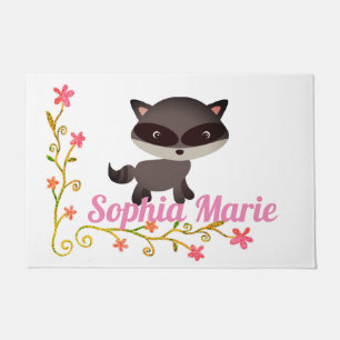 Paillasson Bébé Raton Laveur Mignon avec des Fleurs