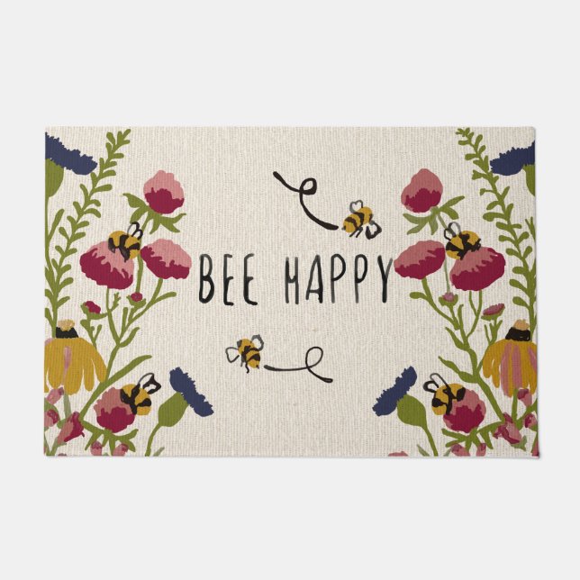 Paillasson Bee Happy Doormat, Funny Bee Mat Décor (Devant)