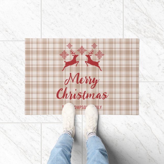 Paillasson Beige Plaid Red Deer Joyeux Noël Nom personnalisé (Intérieur)