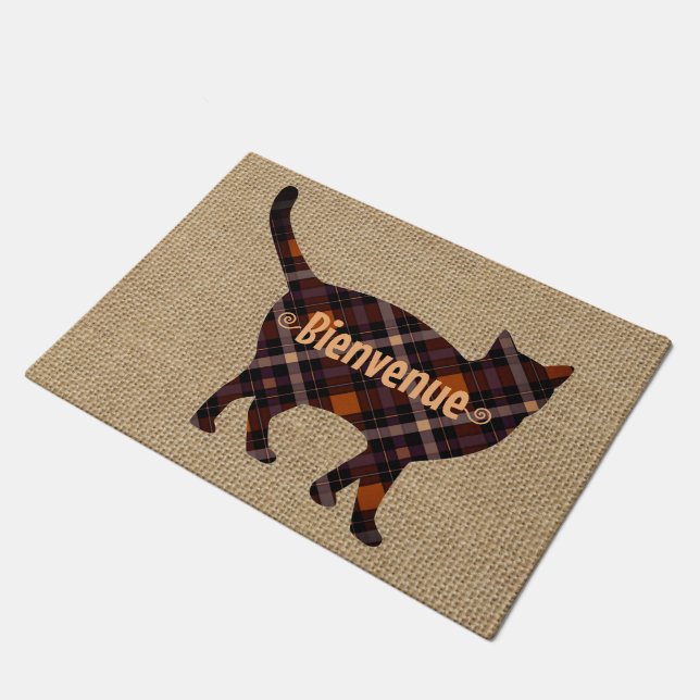 Paillasson Belle chatte plaid - Bienvenue -burlap look (Incliné)