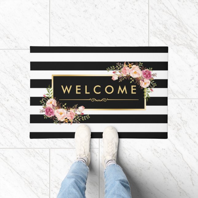 Paillasson Belle Décor Floral Noir Blancs (Intérieur)
