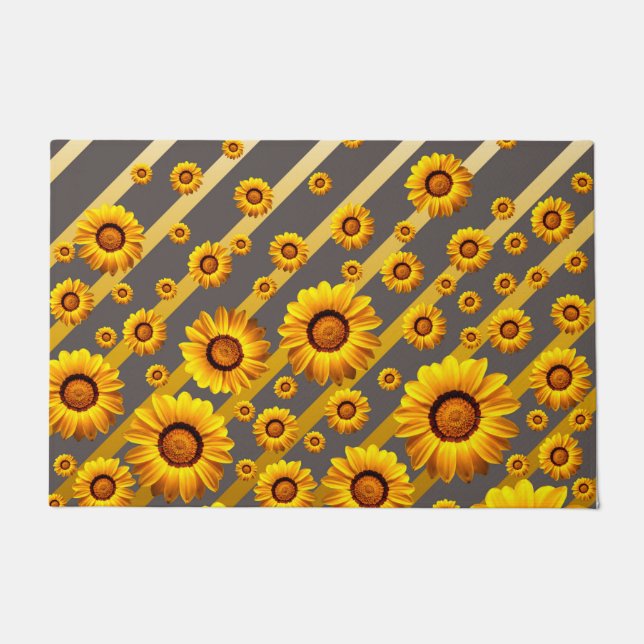 Paillasson Belles fleurs jaunes sur gris, rayures dorées (Devant)
